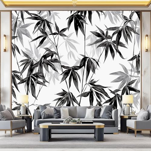 Fotomurales 200 x 140 cm Papel pintado tejido Pared corativos Murales Líneas de hojas de bambú Simplicity póster para sala de estar, adulto habitación de niños, estudio Negro