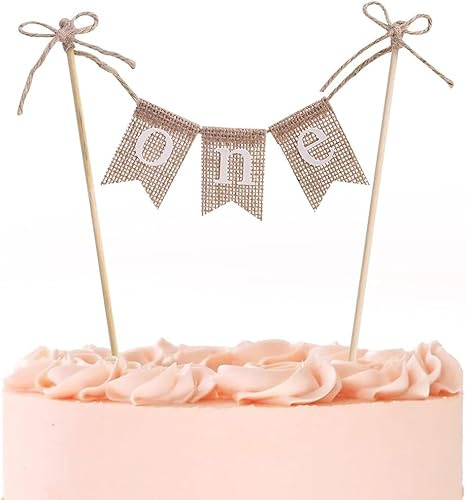 1st Birthday Cake Topper - Natural Linen & Bamboo ONE Decoration Flag with Detachable Photo Frame - Reusable Party Decor for Baby's First Birthday
