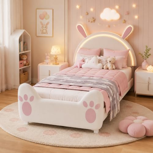 BLSYHDH Barnsäng 90 x 200 med LED, barnsäng med ribbotten, prinsesssäng, enkelsäng, vadderad säng, 1 person säng (vit, sammet-A, 90 x 200)
