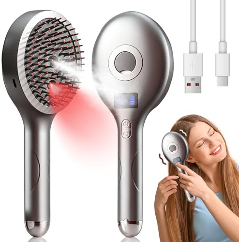 Kopfmassagegerät Elektrisch, 3 in 1 Kopfhaut Massagebürste Elektrisch mit 4 Massagemodi, Spray Handliches Kopfmassagegerät Bürste mit Feuchtigkeitsspray, Rotlichttherapie für Haarwachstum (Grau)