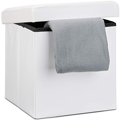 Relaxdays Puff Almacenaje Cuadrado con Tapa, Piel Sintética, Blanco, 38 x 38 x 38 cm