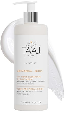TAAJ | Leche Hidratante Fresca con Aloe Vera - ABHYANGA | Calma, Hidrata y Revitaliza el cuerpo | Activos Regeneradores, Suavizantes y Protectores | Piel Hidratada | Sin efecto graso | Vegano | 400 ml