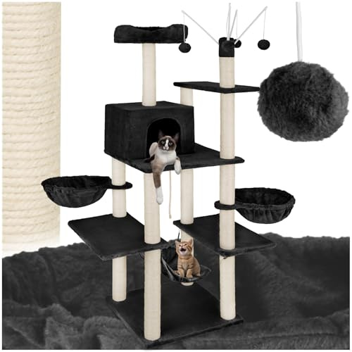 tectake® XXL Kratzbaum groß für Katzen, Zubehör Liegemulden, Katzenhängematte, Katzenhaus, Spielzeug, Sisalseil, Kratzstamm, Katzenbaum, Katzenkratzbaum Höhe ca. 165 cm - schwarz