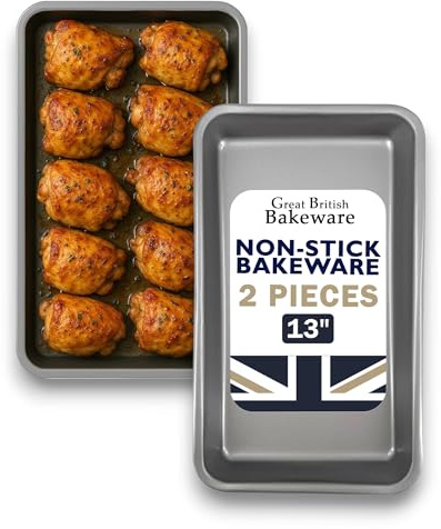 Great British Bakeware 2 Pack 34cm Superior Double Coated Non-Stick Roasting Tray, Oven Baking Tray, PFOA & BPA Free Cookware, Oven Safe Baking & Roasting Tin, Made in England