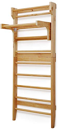 Physionics® Sprossenwand aus Holz - für Kinder und Erwachsene, 195 x 80 x 14 cm, bis Max 100 kg ., höhenverstellbare Klimmzugstange - Kletterwand, Fitness Turnwand, Klettergerüst, Schwedische Leiter