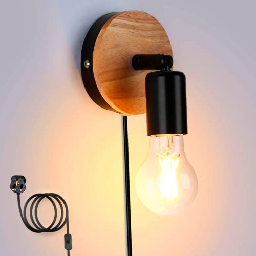 Lightsjoy Industrial Wall Lights with Switch Plug in Wall Lights Indoor Wood Wall Light Shades 360° Rotatable Rustic Wall Lamp E27 Sconces for Bedroom Living Room Restaurant Kitchen Stair - Black