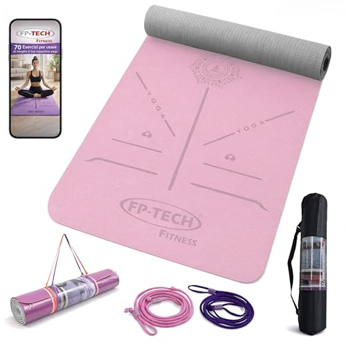 FP-TECH TAPPETINO DA YOGA IMBOTTITO ANTISCIVOLO FITNESS PILATES GINNASTICA IN TPE MAT CON SACCA 183 X 68 X 0.8 CM (Fucsia-Grigio)
