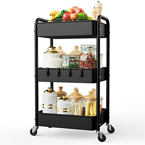 LEHOM 3 Tier Rolling Storage Cart, Metal Trolley Utility Cart with Wheels & Hooks, Easy Assembly Organizer Storage Cart for Bathroom Kitchen Office Bedroom (Black)