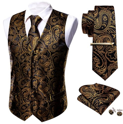 Barry.Wang Formelles Herren-Westenset, Paisleymuster, Krawatte, Taschentuch, Manschettenknöpfe, Clip, Anzugweste, Designer, 5-teilig, Altgold, XXL