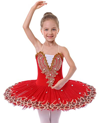 Ballettkleidung Mädchen 4-14-Jahre für Tanz: Tüll Ballettkleid mit verstellbarem Träger und Applikationen - Kinder Tanzkleid für Balett Eiskunstlauf Rollkunstlauf