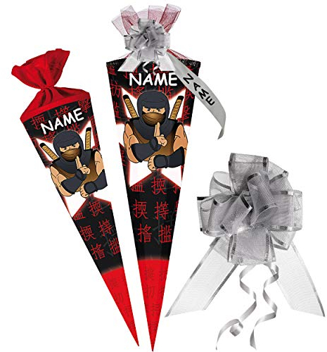alles-meine.de GmbH Schultüte - Ninja Kämpfer - Samurai - 100 cm - 12 eckig - incl. Name und individueller Schleife - Tüllabschluß - Zuckertüte - mit/ohne Kunststoff Spitze - N..