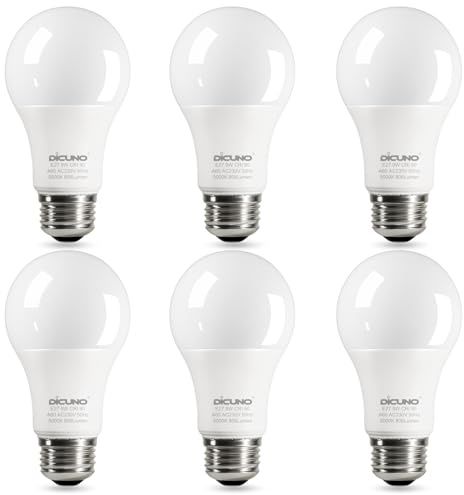 DiCUNO E27 Screw LED Bulb 9W=60W, Daylight White 5000K, 806LM, 6 Pcs | Large Screw in Light Bulb, Non-Dimmable, No Flickering Lightbulbs for Lamp
