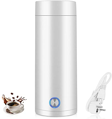 HIULLEN Reise Wasserkocher Klein, 400ml Tragbarer Elektrischer Wasserkocher, 3 in 1 Mini Thermoskanne, Schnellkoch-Teekanne-Heizbecher, 304 Edelstahlliner, für Tee, Kaffee, Babymilch, Camping (Weiß)