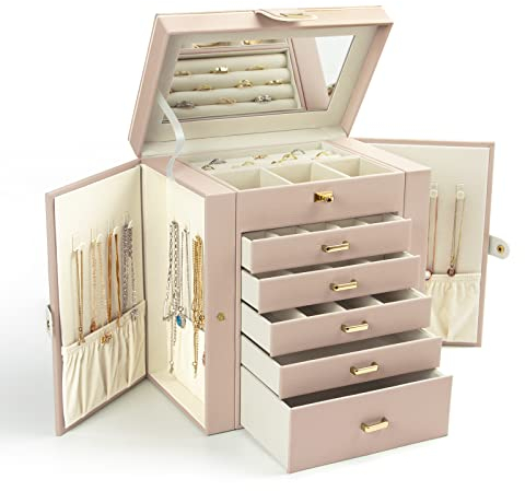 KAMIER 6-stöckiger Schmuckkasten aus edlem Naturholz mit luxuriösem Flanell und großem Spiegel – Geräumige Schmuckschatulle mit seitlich öffnenden Türen für Ringe, Ohrringe & Armbänder