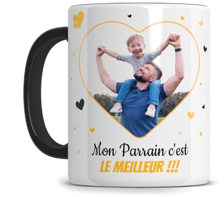 L'épicerie Chérie Mug Personnalisé photo et texte ORIGINAL STARMUG LOVE Cadeau super parrain ou marraine - Anniversaire - Céramique 330ml (Jaune et noir)