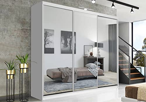 RAC3 Wardrobes for Bedroom with Mirrored Sliding Door & LED Light Premium Wardrobe Storage with Sleek Design comes in Colours Black/White/Grey/Oak- Different Sizes from 120cm - 250cm (White, 250cm)