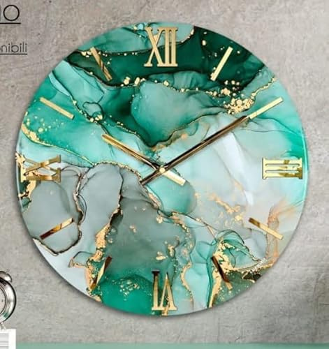 Generico Orologio da Parete,colore verde Soggiorno, Cucina, Moderno,Effetto marmo, Base legno, Lavorazione a resina, Numeri a rilievo, Made in Italy modello Petrolio cm 40