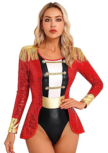 iEFiEL Zirkus Kostüm Damen Langarm Body Mit Quasten Zirkusdirektorin Kostüm Halloween Karneval Glitzer Bodysuit Mottoparty