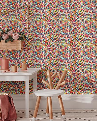 Coloritto Bright Color Squares Wallpaper | Removable Self Adhesive Abstract Geometrical Wallpaper | Colorful Peel and Stick Wallpaper (Sample 12 W x 8 H)