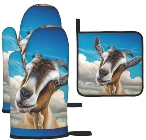 Set di 3 guanti e presine con stampa di capra blu e presine, per cucinare e grigliare, regalo di Natale per la festa della mamma
