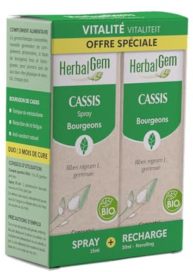 HERBALGEM - DUO VITALITE - Macérât-Mère - Cassis Bio - Complément Alimentaire Gemmothérapie Concentrée - Extrait De Bourgeon Frais - Pour Articulations, Muscles - Vegan - 30 ml + Spray 15 ml