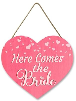 Horienteeon Panneau en bois en forme de cœur avec inscription « Here Comes The Bride » pour mariage, demoiselle d'honneur, porte bague de bienvenue pour cérémonie de fiançailles 30 × 27 cm