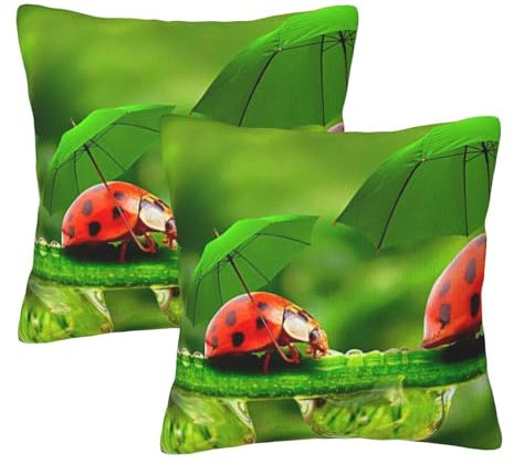 AAPIKA Lustiger Marienkäfer mit Regenschirmen bedruckter Kissenbezug 2er-Set – weicher Plüsch-Kissenbezug, quadratisch, moderner Kissenbezug, 55,9 x 55,9 cm