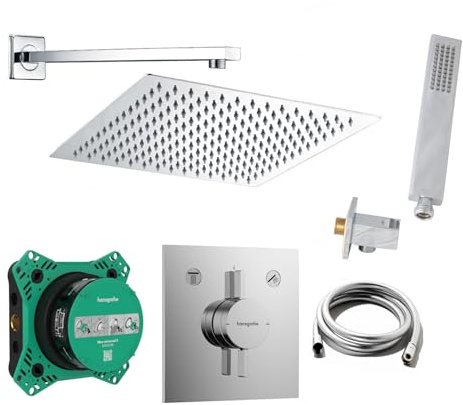 vanvilla Duschsystem Unterputz mit Duscharmatur Hansgrohe HG201 poliert | Duscharmatur von Hansgrohe DuoTurn E und vanvilla Regendusche Duschkopf eckig, Dusch-SET poliert