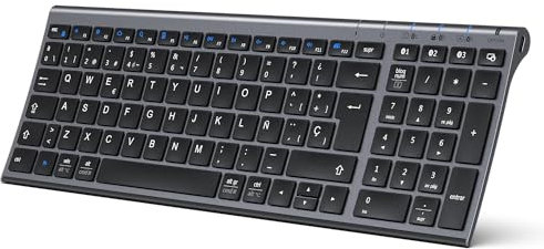 iClever BK10 Teclado Bluetooth Inalámbrico, Teclado QWERTY Español Tamaño Compacto, Diseño Ergonómico, Recargable, Compatible con Mac, iMac, PC, Tableta, iPad, Conexión Estable, Color Negro Grisáceo