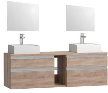 Vente-unique-Mueble de baño suspendido con Doble Lavabo y Espejos - Color Natural Claro - 150 cm - Magdalena II