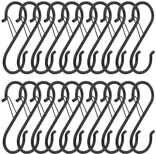 S Haken Schwarz, Haken Zum Einhängen, Sicherheitsschnalle Design, 20 Stück küchenhaken Schwerlast Metall Haken 9cm, Rostfreie & Korrosionsbeständige S-Haken für Küche, Bad, Schlafzimmer, Außenbereich