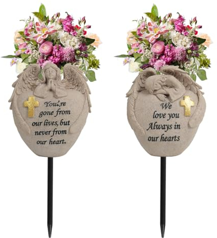 Engel und Kreuz Friedhofs-Gedenkvase, Friedhofsblumengrab, 2-teilige Engel-Friedhofsvase mit Eisen-Spikes, Gartendekoration, Gedenkgeschenk für verlorene Liebe (3 Granit)