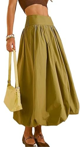 Acrawnni Women Y2k Bubble Maxi Skirt Low Elastic Waist Ruffle Pleated A-line Long Skirts Summer Beach Loose Fit Cute Puffball Balloon Skirt
