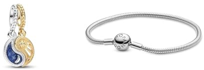 PANDORA Bicolor Teilbarer Sonne & Mond Charm-Anhänger aus Sterling Silber mit 14 Karat vergoldeter Metalllegierung, Cubic Zirkonia, Kompatibel Moments, 762678C01