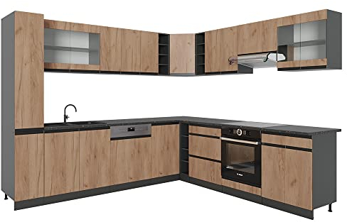 Vicco Eckküche R-Line, Goldkraft Eiche/Anthrazit, 257 x 277 cm J-Shape, AP Eiche