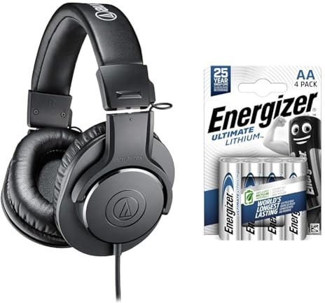 Audio-Technica M20x Professional Monitor Headphones Black & Energizer AA Batteries, Ultimate Lithium, 4 Pack Double A Battery Pack