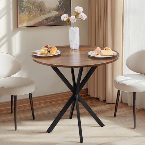 Unovivy 31.5 Small Round Dining Table for 2-4, Space Saving Circle Kitchen Dinner Table, Industrial Mid Century Modern Dining Room Desk for Kitchen, Apartment, Rustic Brown