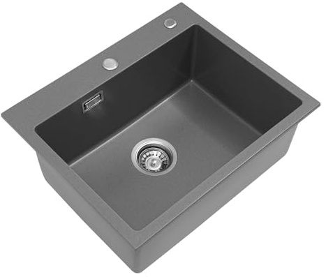 Lavello da cucina in pietra di quarzo rettangolare con scolapiatti tubo di scarico per cucina per zona lavandino e piano di lavoro (grigio, 55 x 45 cm)