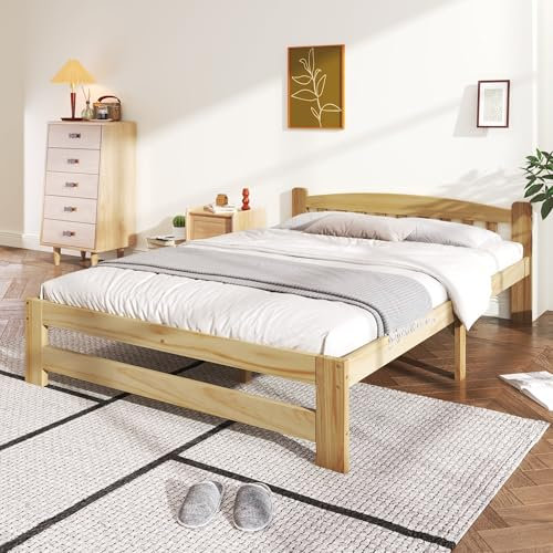 TIZZ Solide Massivholzbett Futonbett, Massivholz Natur Bett mit Kopfteil und Lattenroste,Doppelbett, Jugendbett, Erwachsenenbett, Natur(140x200cm)