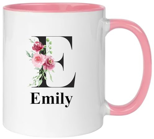 Hoolaroo Personalised Mug Gift for Women, Pink 11oz Letter Name Flower Present for Mum Nanny Nan Girl Coffee Tea - Floral Black