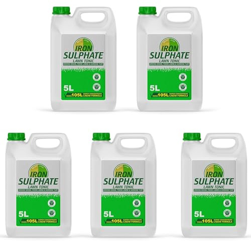 Lawn Tonic Liquid Iron Sulphate 5L Concentrate Makes 105L Ferrous Conditioner, Fertiliser, Grass Greener Feed, Turf Hardener, Healthier Looking Garden Helps Prevent Lawn Disease (5 x 5 Litres)
