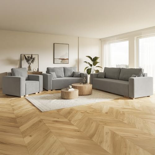 MOTIVENA Viego Sofagarnituren, Sofa Set 3 2 1 Wohnzimmer, Sofa 3 2 1 Set, Couch Set, Futon Set, Wohnzimmer Couch Set, Couch 3 2 1 Set, Bonellfederkern (H4), Samt, Grau (Hellgrau)