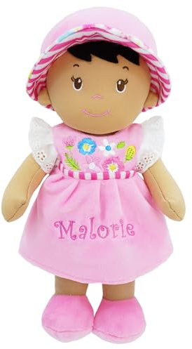 Lullaberry Personalized Soft Dolly Malorie - Stuffed Soft Baby Doll for Birth and Up with Custom Name - Pink Dress