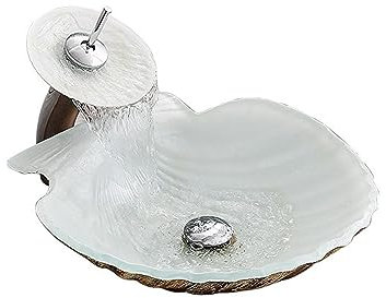 SGKOMN Lavandino da appoggio per Bagno, lavabo da appoggio in Vetro Artistico a Conchiglia con Rubinetto e Scarico Combinato