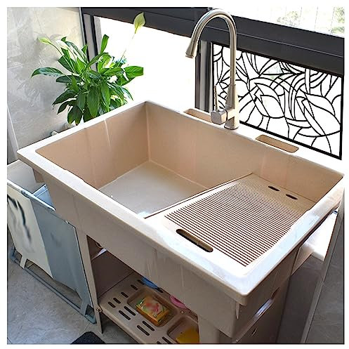 Lavello in plastica Beige Indipendente con Rubinetto Caldo e Freddo - Stazione lavamani Portatile per Esterni per Garage, Cantina, Giardino