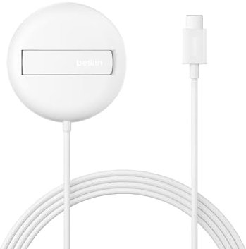 Belkin Cargador Inalámbrico Compatible con MagSafe, Base de Carga Magnética 15W, Certificación Qi2, iPhone 17, Air, Samsung Galaxy S25, Pixelsnap y AirPods - Sin Fuente de alimentación - Blanco