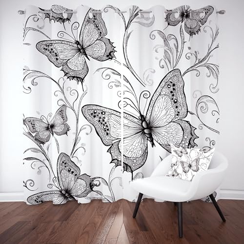 Schwarz Weiß Butterfly Vorhang mit Ösen 2er Set, Schmetterling Ornament Blackout Curtain Lärmschutzvorhang, Fliegende Insekten Gardinen Blickdicht 225 cm Lang 70 cm Breit fur Schlafzimmer Wohnzimmer