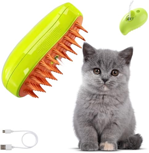 Cat Steam Brush Steamy Grooming Comb for Cats & Dogs for Tangled & Loose Hair Gentle Defur Comb for Shedding, with Anti-Static Spray, Ergonomic Pet Mist Brush Design – Silicone Massage Grooming Tool