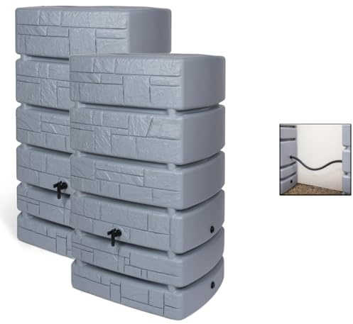 Kreher XXL Regentonne 2er-Set Wassertonne Stein-Optik (500 L, Grau) | Regenwassertank aus Kunststoff, jede Tonne mit Wasserhahn und Verbindungsstück, für die Regenwassersammlung im Garten