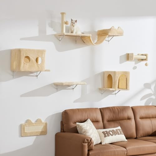 BYBYME KatzenklettergerüSt, 6PCS Stabiles KatzenwandmöBel-Set Mit Katzenbett Und -Haus, Kratzbrett Und Sisal-Bezogenen Pfosten FüR Katzen Zum Spielen, Ausruhen, Entspannen (Beige)